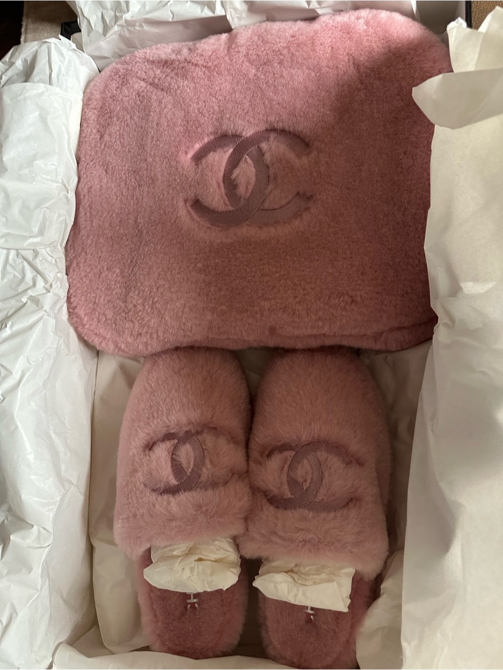 CHANEL Pink Shearling Slide Slippers with Matching Pouch